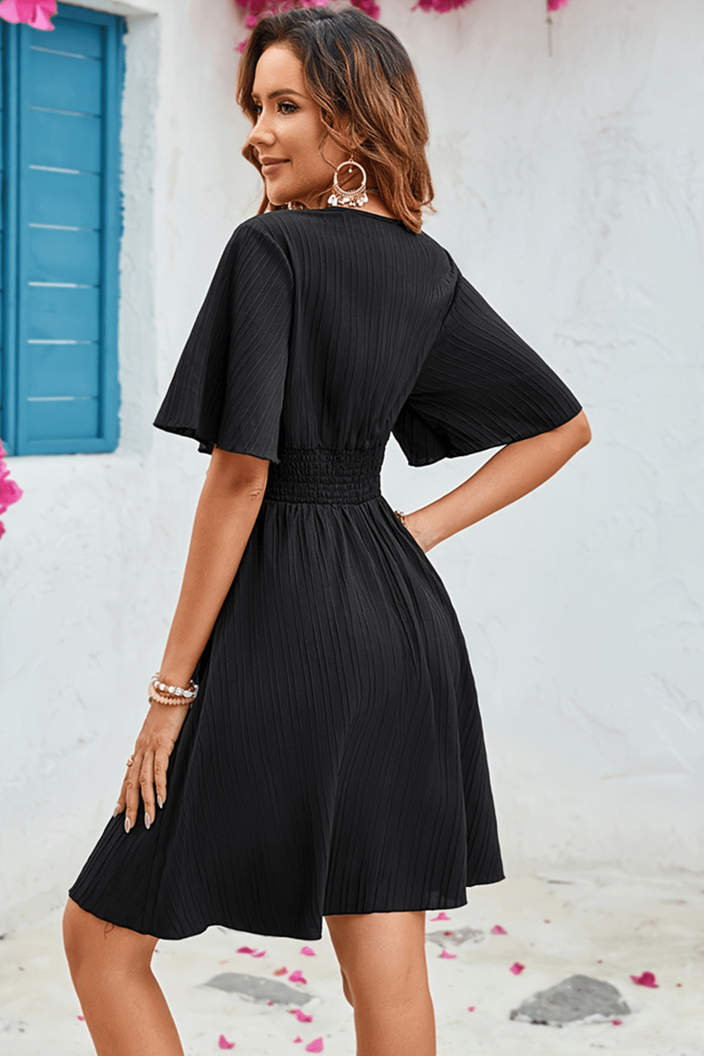 Black Floral Embroidered Belt Flutter Sleeve V Neck A Line Dress - MAD RUFFI