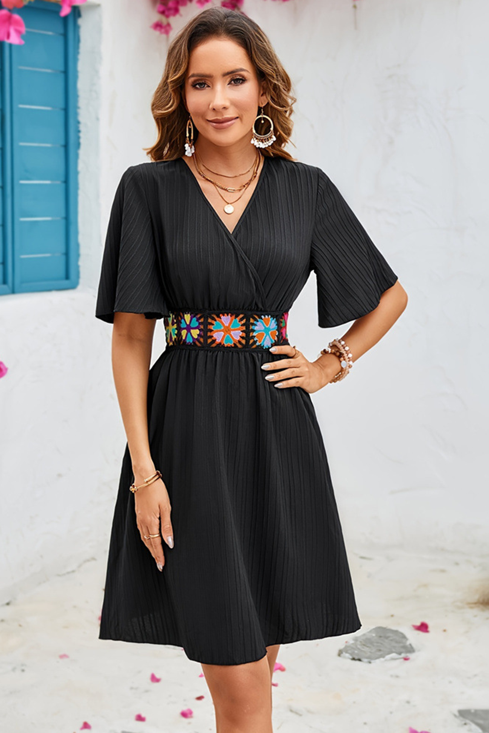 Black Floral Embroidered Belt Flutter Sleeve V Neck A Line Dress - Short Dresses