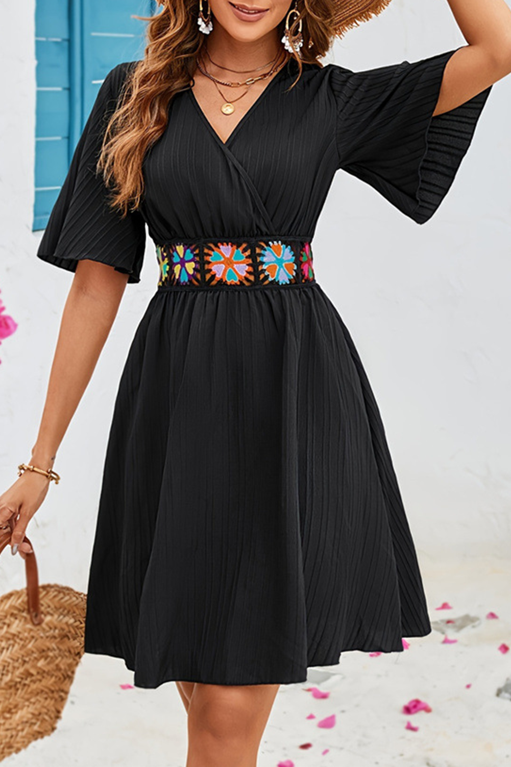 Black Floral Embroidered Belt Flutter Sleeve V Neck A Line Dress - Color black / S - Short Dresses