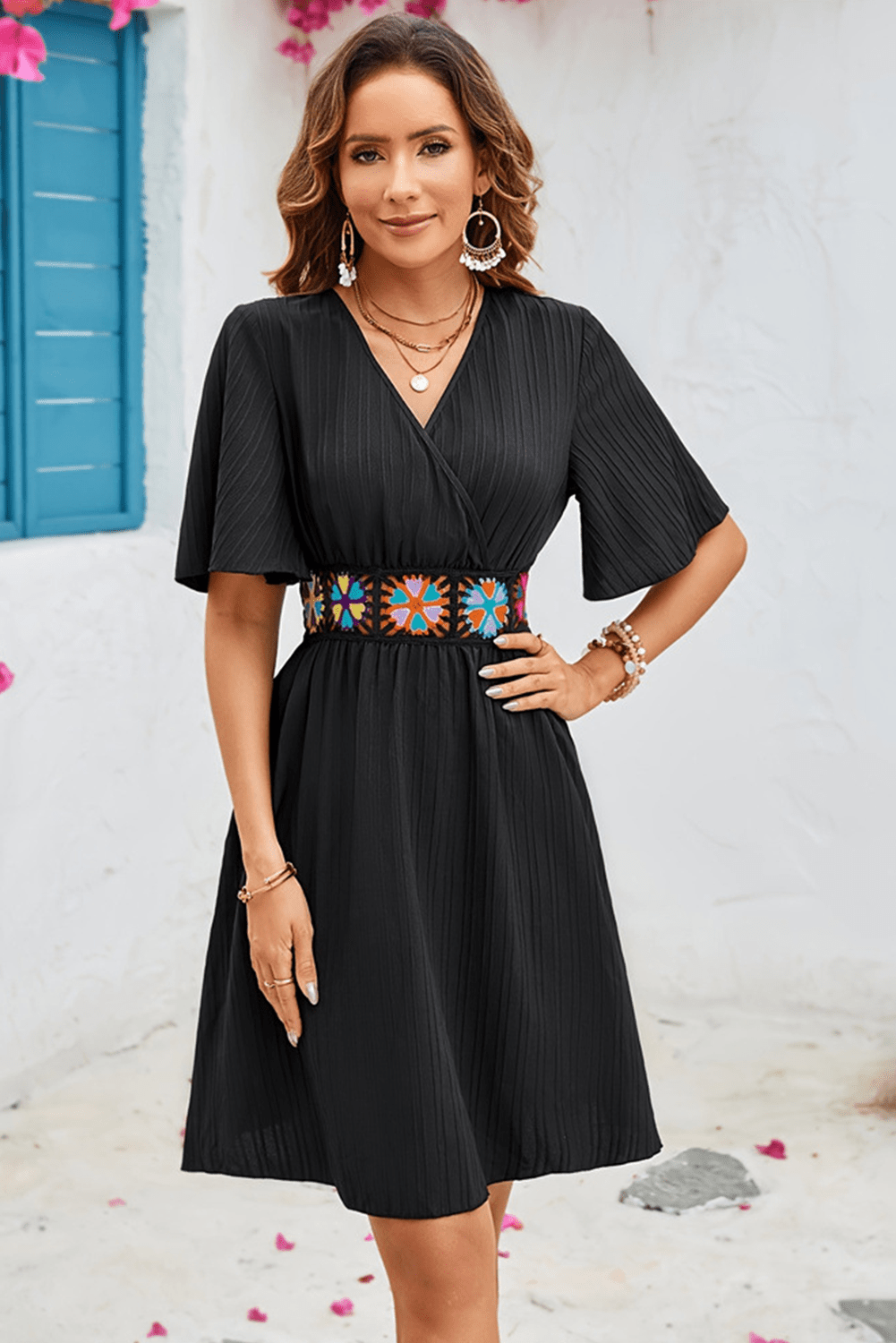 Black Floral Embroidered Belt Flutter Sleeve V Neck A Line Dress - MAD RUFFI