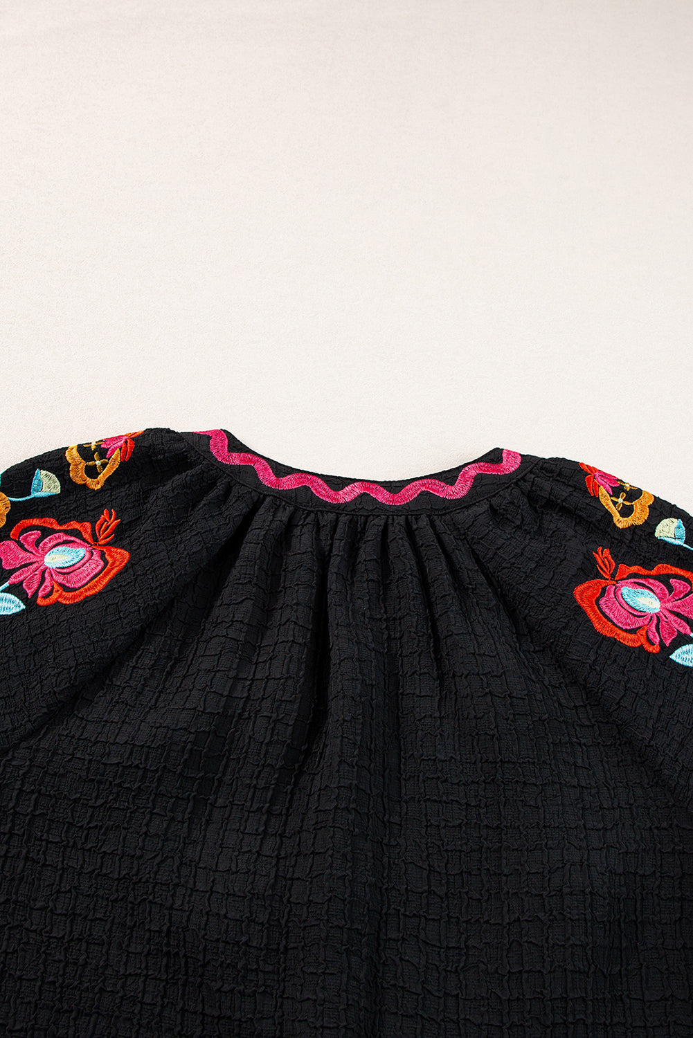 Black Floral Embroidered Ricrac Puff Sleeve Textured Blouse - MAD RUFFI