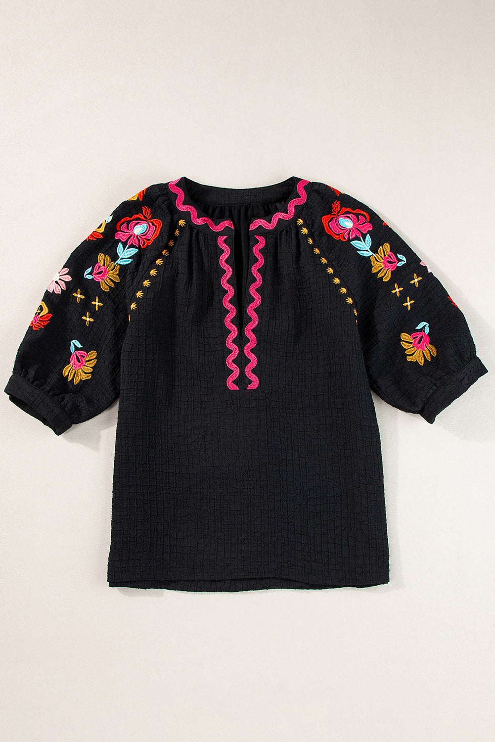 Black Floral Embroidered Ricrac Puff Sleeve Textured Blouse - MAD RUFFI