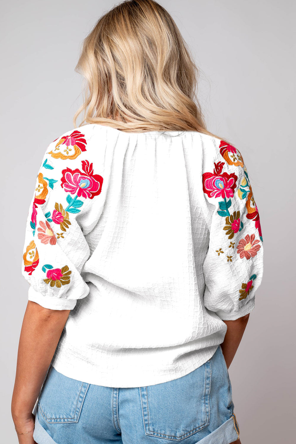 Black Floral Embroidered Ricrac Puff Sleeve Textured Blouse - MAD RUFFI