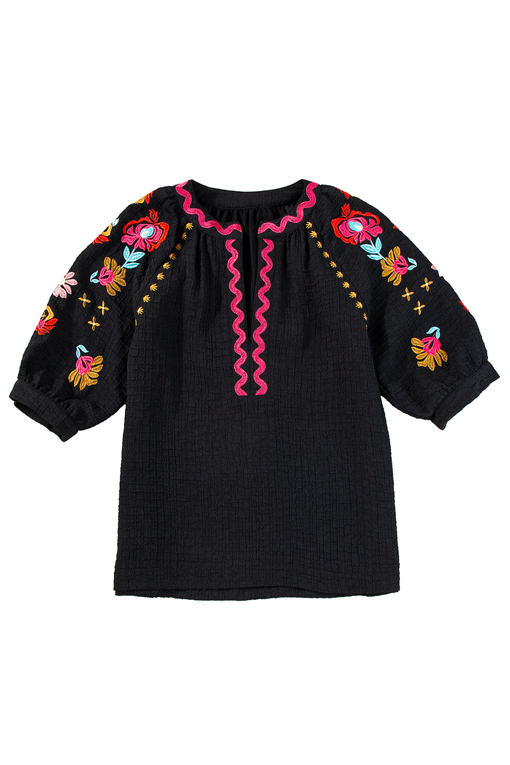 Black Floral Embroidered Ricrac Puff Sleeve Textured Blouse - MAD RUFFI