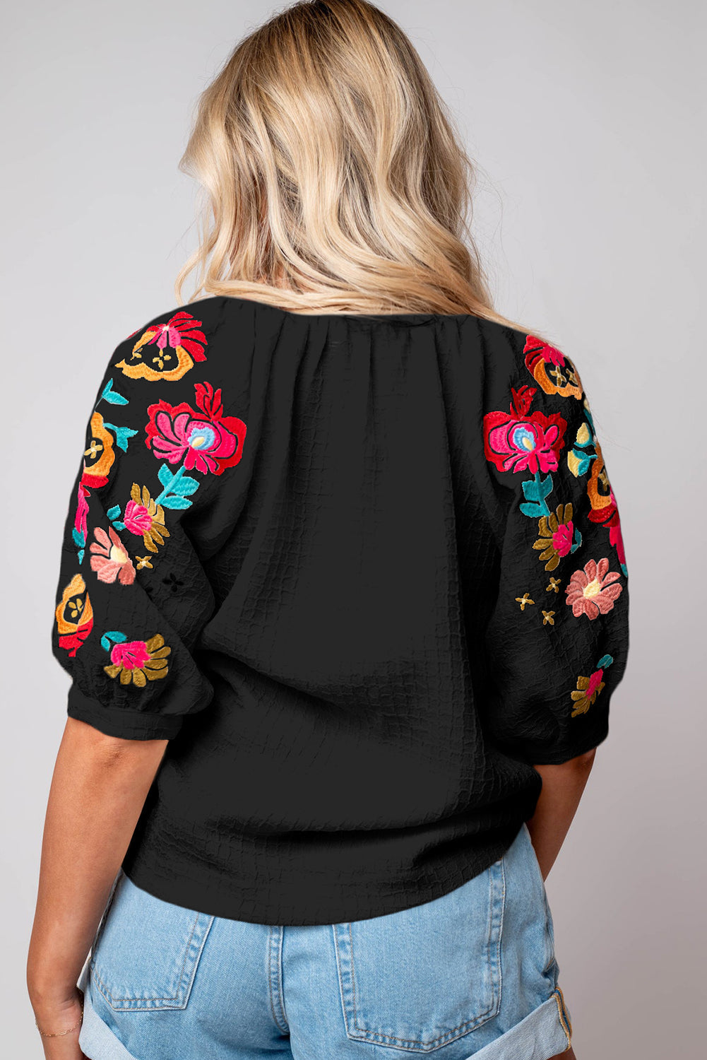 Black Floral Embroidered Ricrac Puff Sleeve Textured Blouse - MAD RUFFI