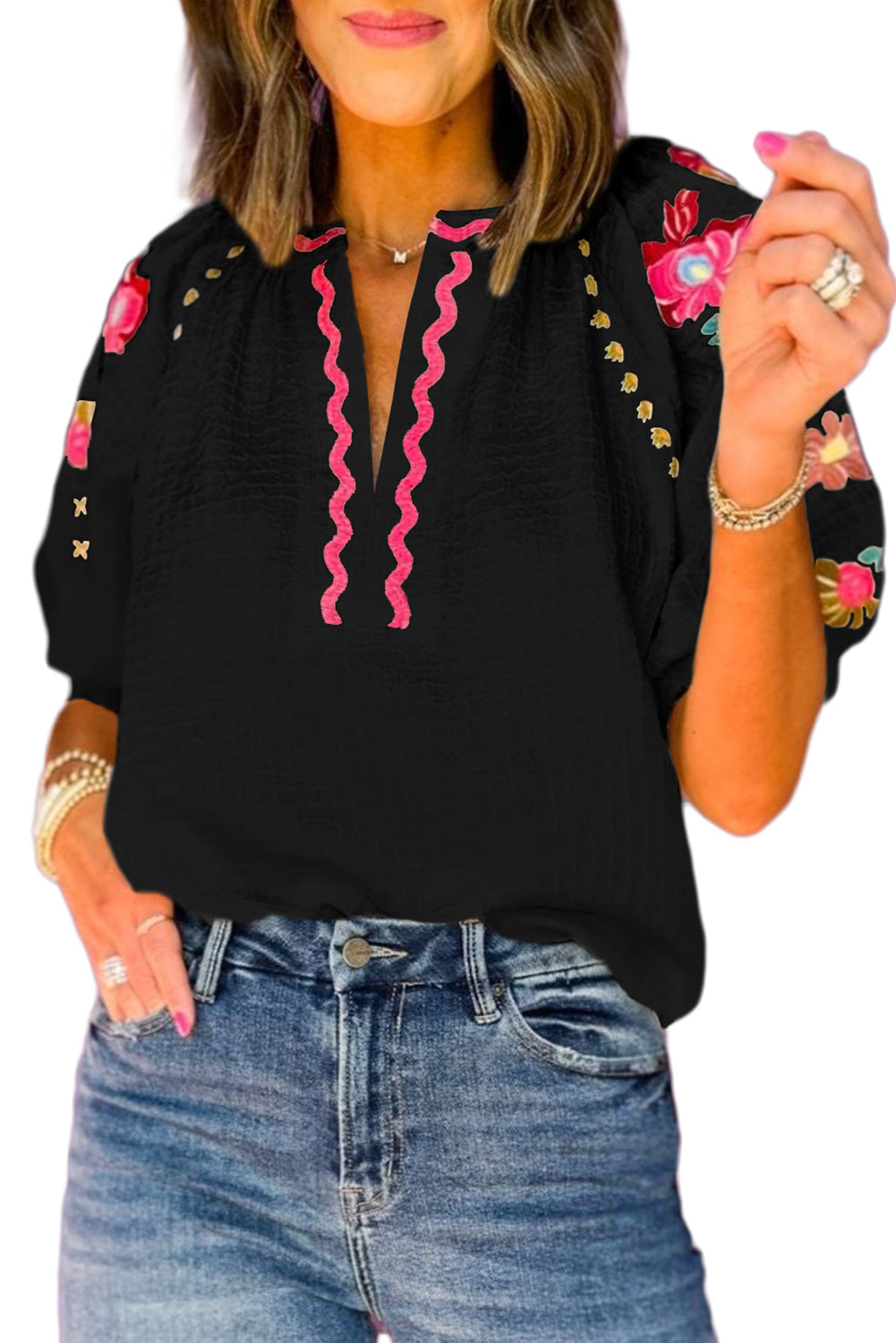 Black Floral Embroidered Ricrac Puff Sleeve Textured Blouse - MAD RUFFI