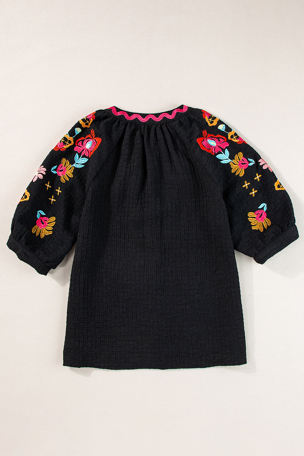 Black Floral Embroidered Ricrac Puff Sleeve Textured Blouse - MAD RUFFI