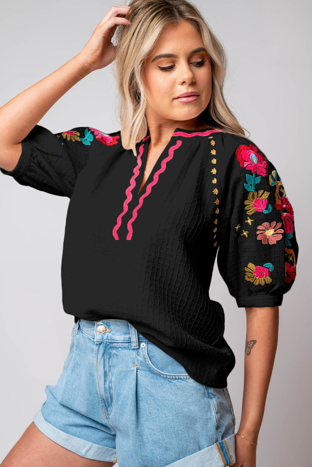 Black Floral Embroidered Ricrac Puff Sleeve Textured Blouse - MAD RUFFI