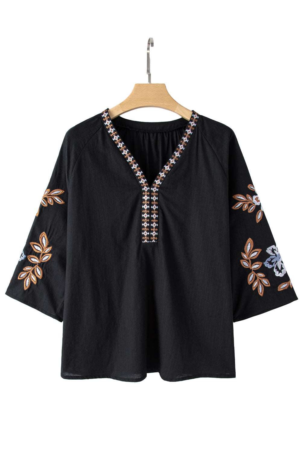 Black Floral Embroidered Sleeve Bohemian V Neck Blouse - MAD RUFFI