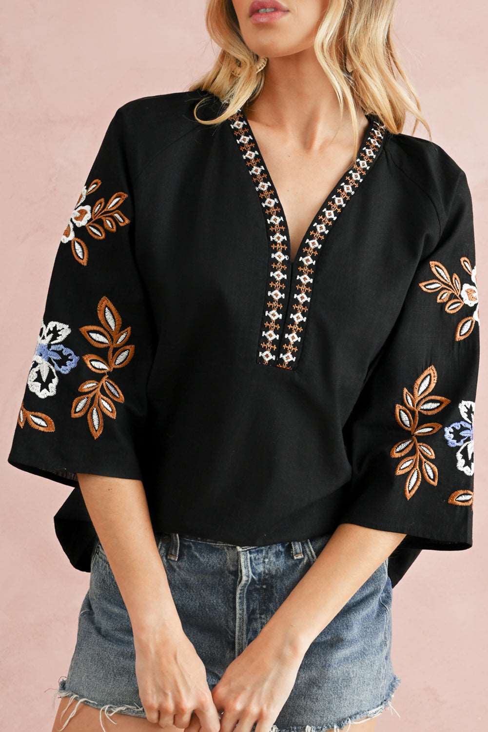 Black Floral Embroidered Sleeve Bohemian V Neck Blouse - MAD RUFFI