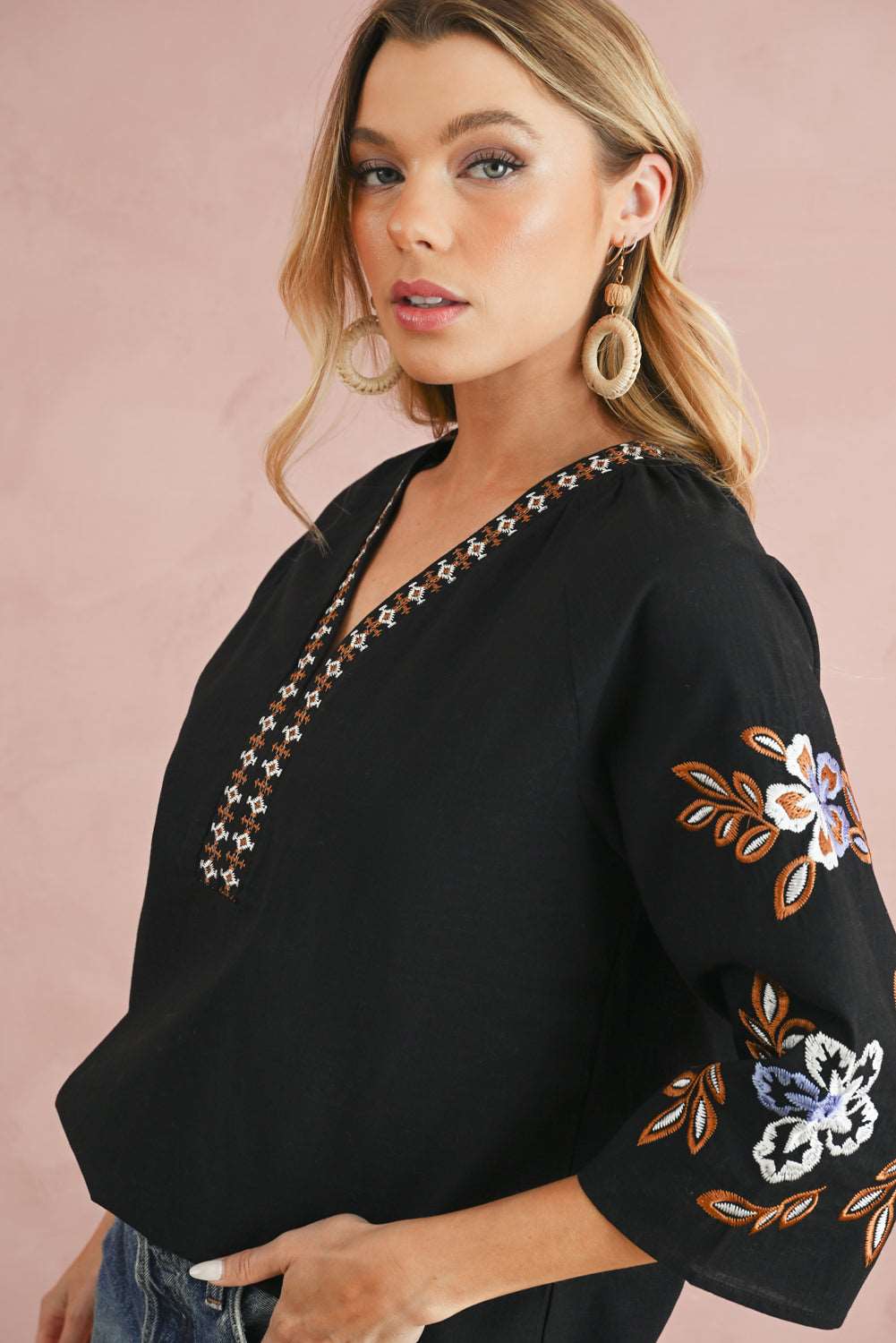 Black Floral Embroidered Sleeve Bohemian V Neck Blouse - MAD RUFFI