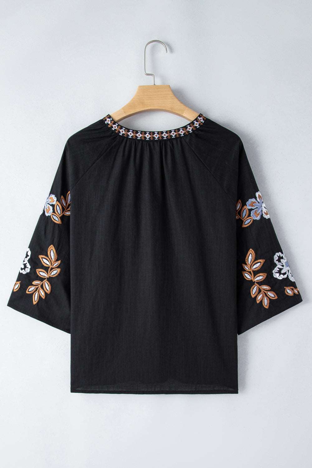 Black Floral Embroidered Sleeve Bohemian V Neck Blouse - MAD RUFFI