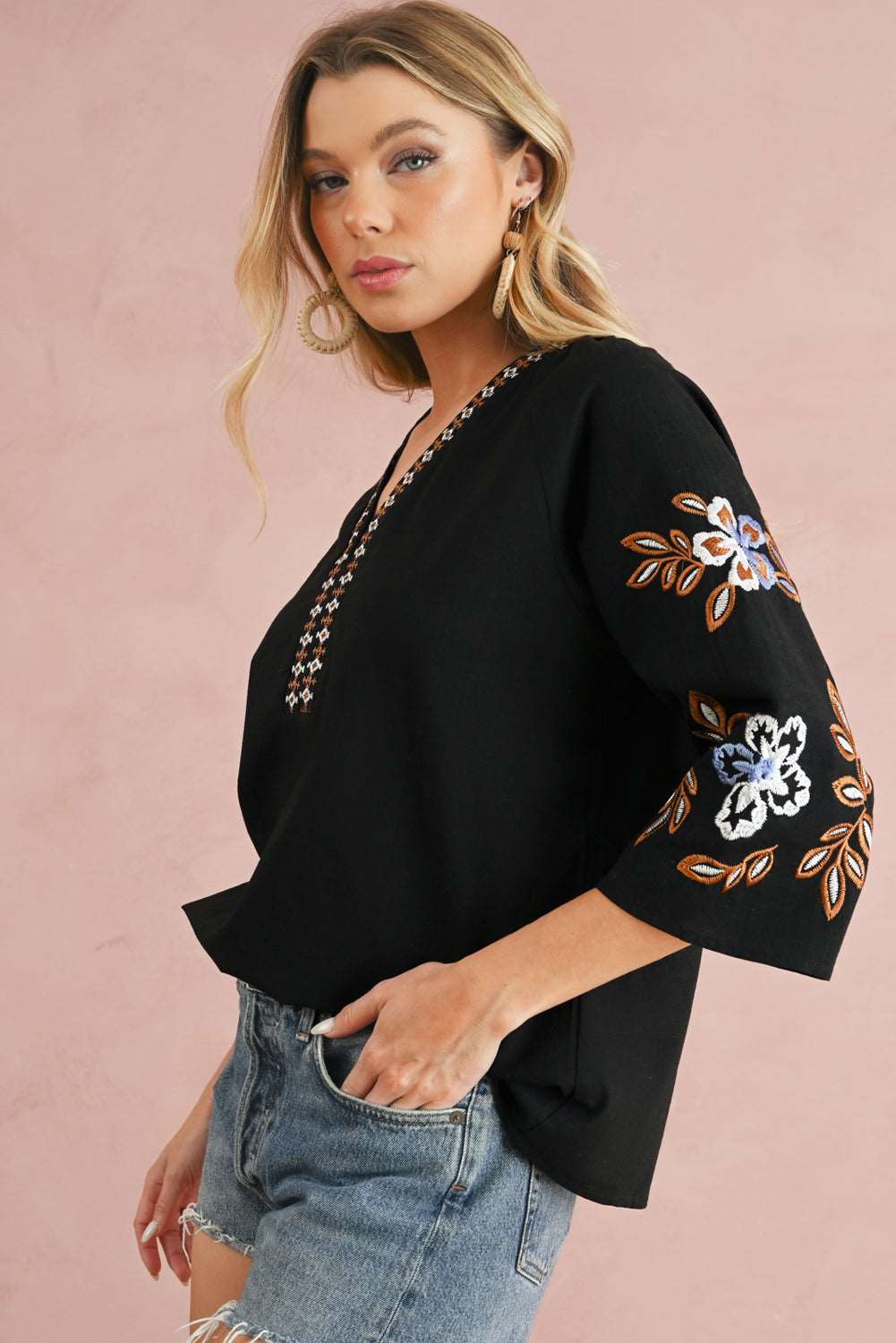 Black Floral Embroidered Sleeve Bohemian V Neck Blouse - MAD RUFFI