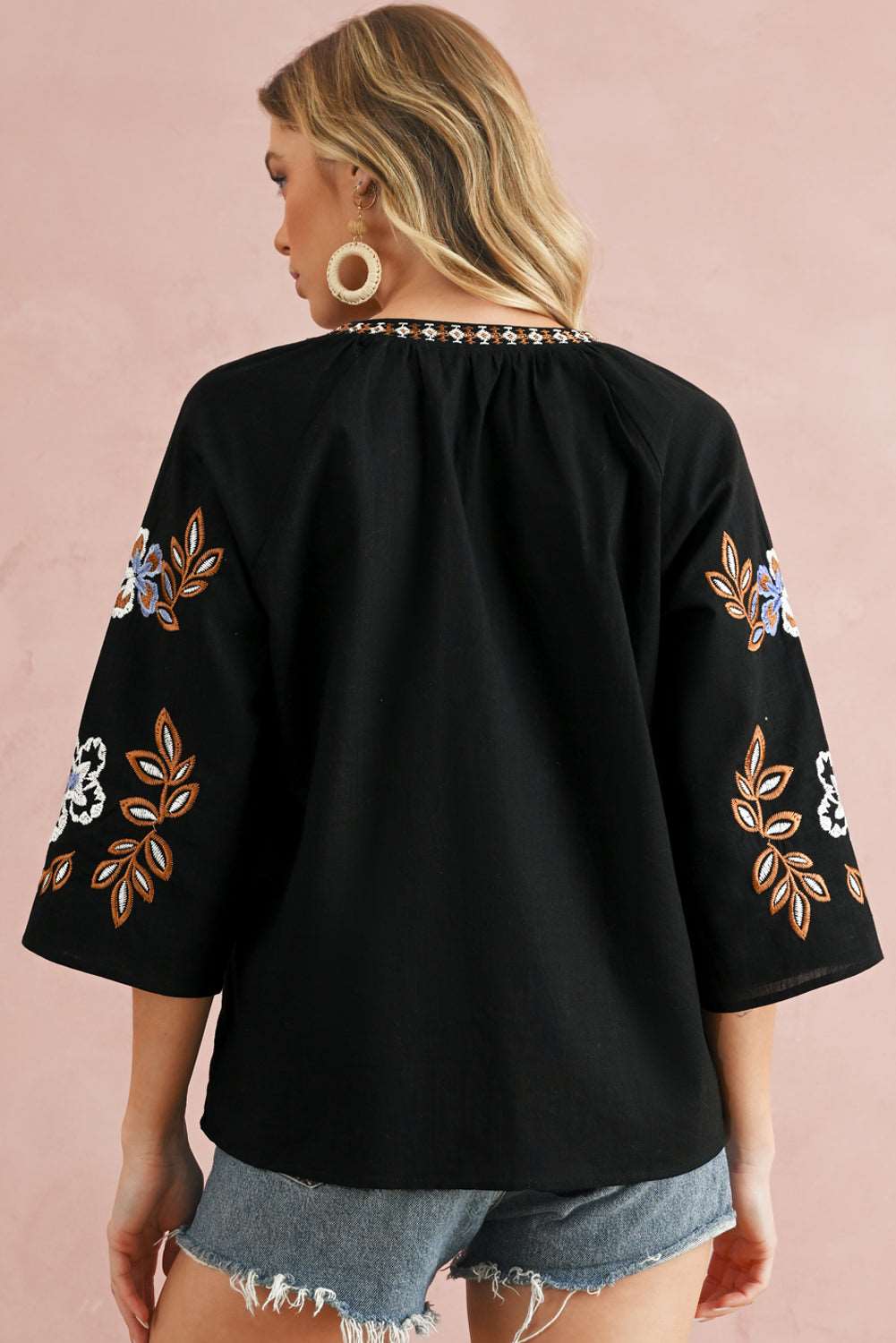 Black Floral Embroidered Sleeve Bohemian V Neck Blouse - MAD RUFFI