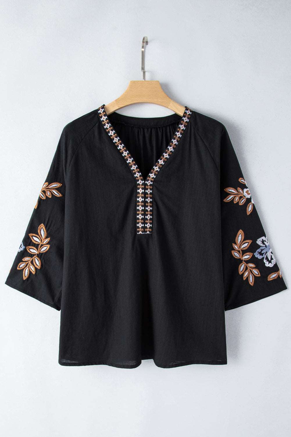 Black Floral Embroidered Sleeve Bohemian V Neck Blouse - MAD RUFFI