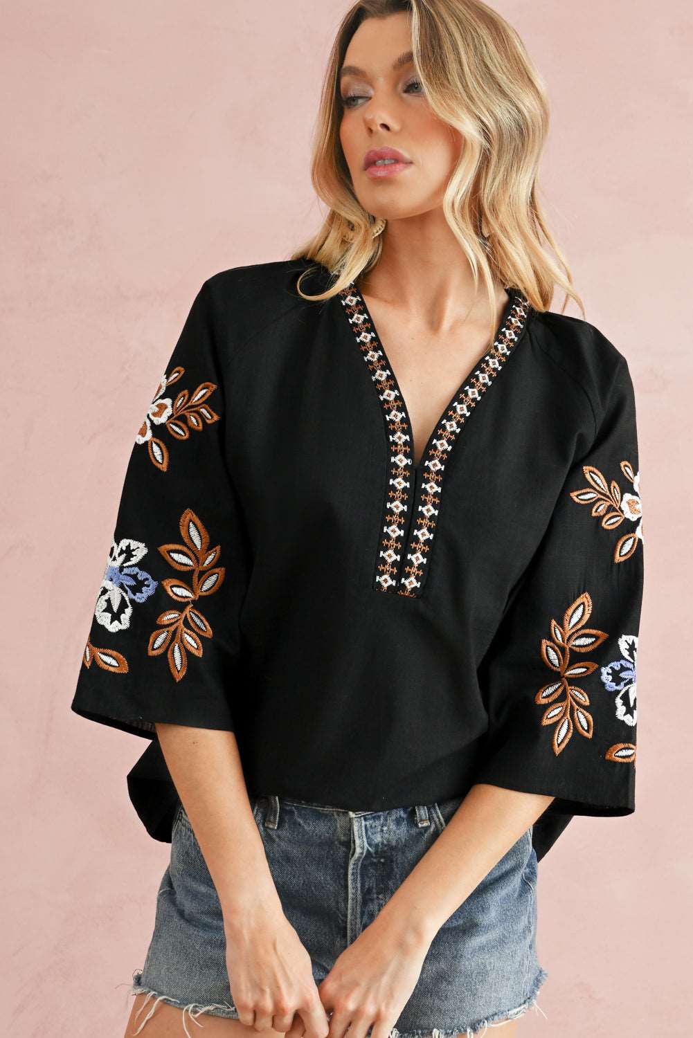 Black Floral Embroidered Sleeve Bohemian V Neck Blouse - MAD RUFFI