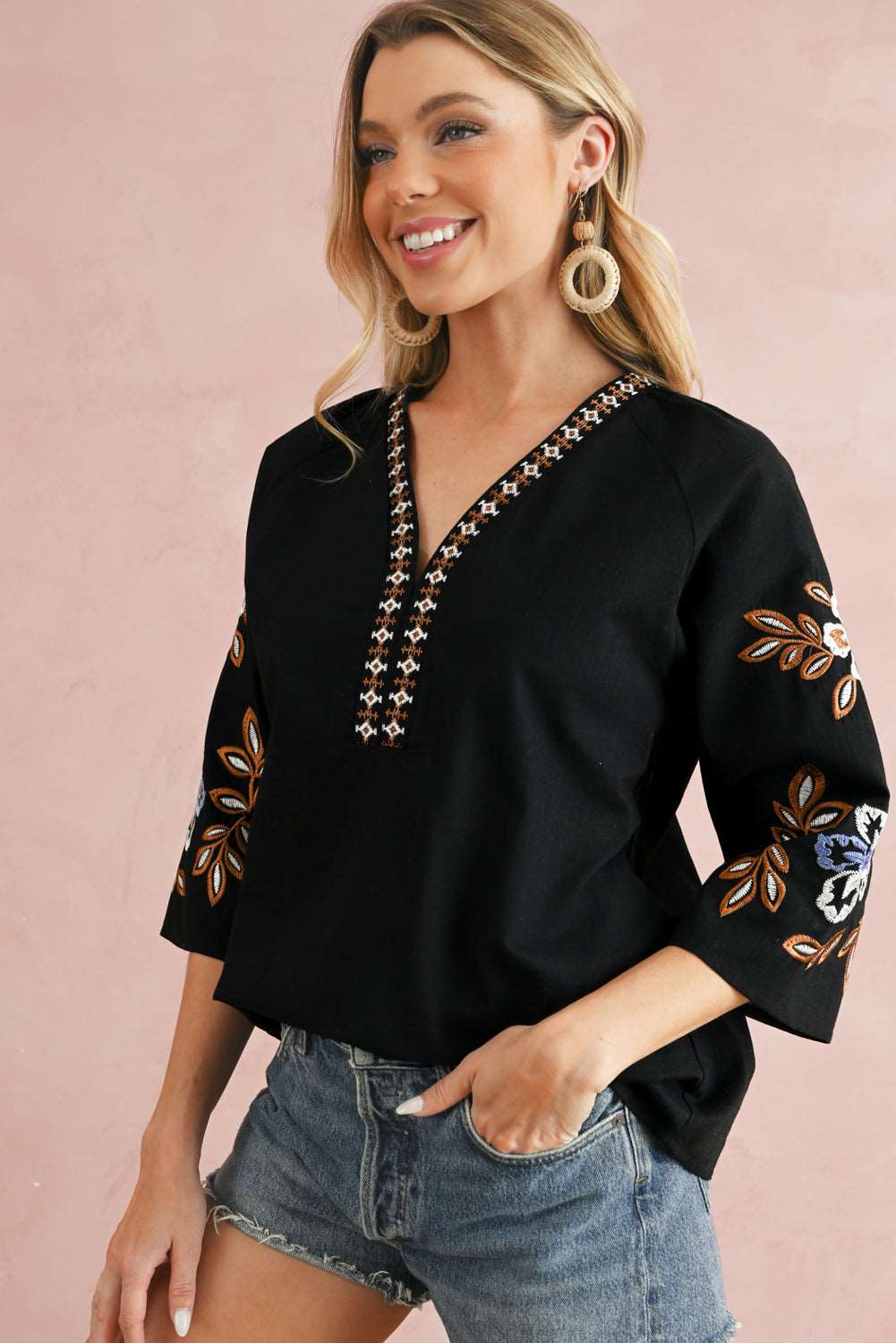 Black Floral Embroidered Sleeve Bohemian V Neck Blouse - MAD RUFFI