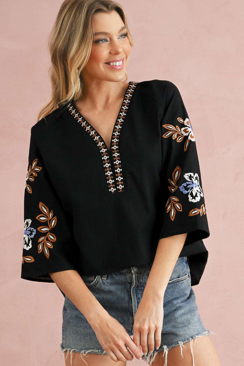 Black Floral Embroidered Sleeve Bohemian V Neck Blouse - MAD RUFFI