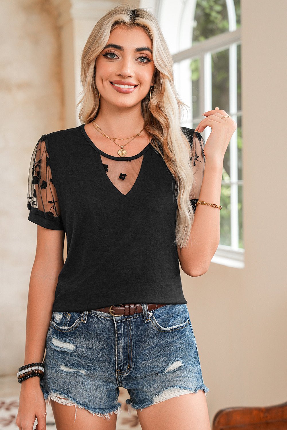 Black Floral Lace Patchwork Crew Neck T Shirt - MAD RUFFI