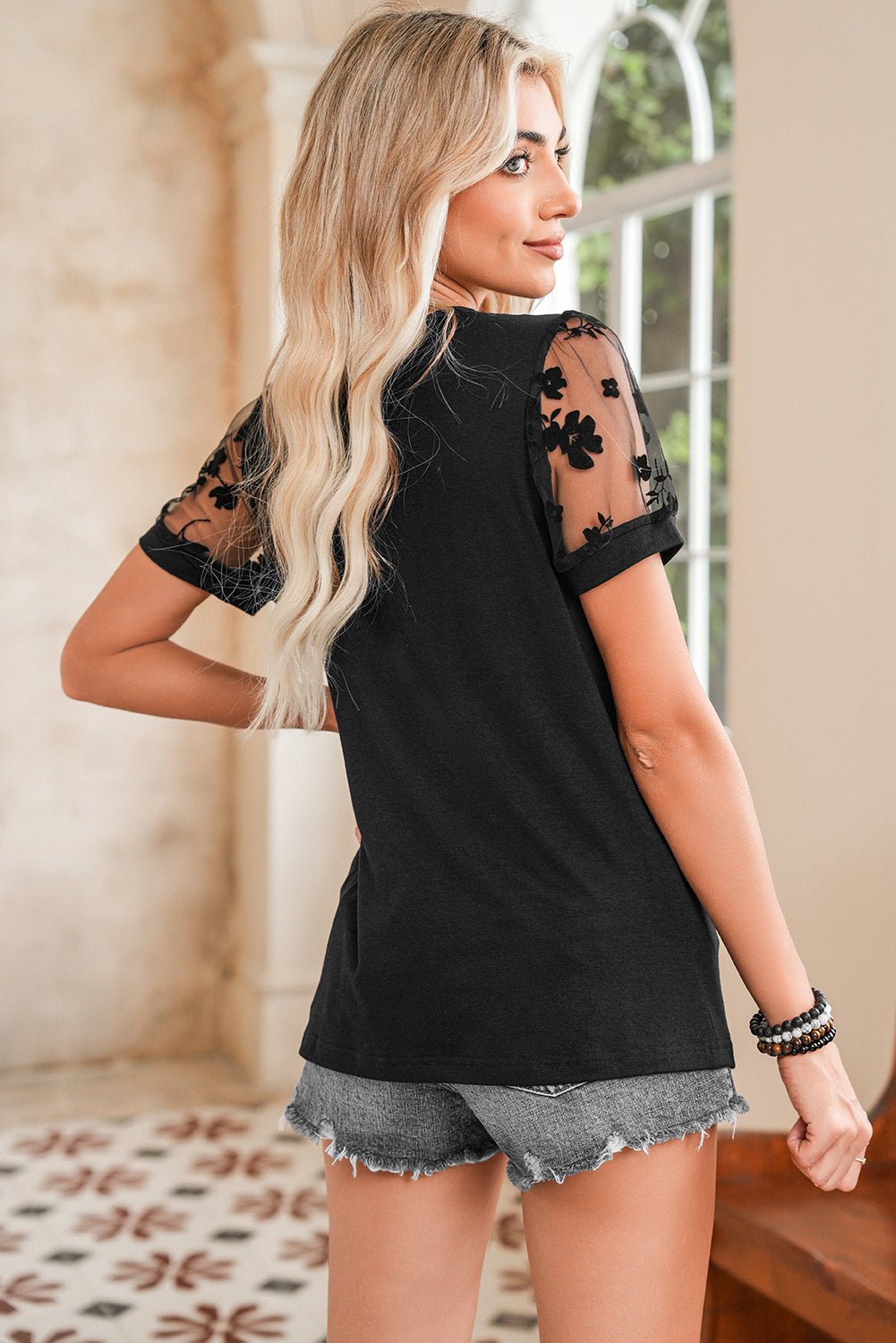 Black Floral Lace Patchwork Crew Neck T Shirt - MAD RUFFI