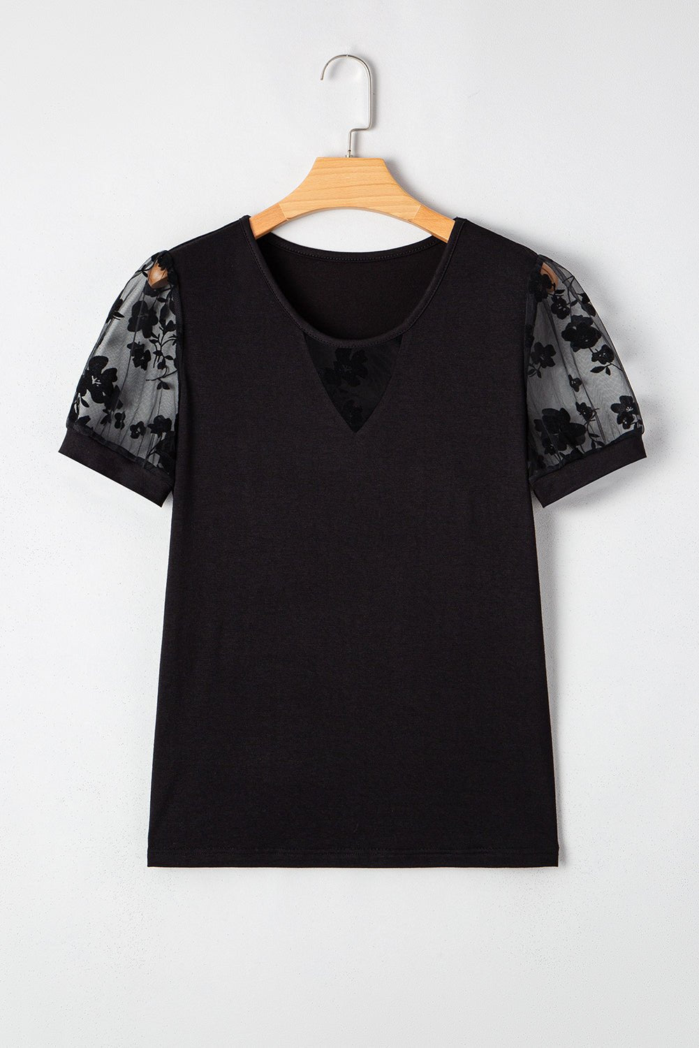 Black Floral Lace Patchwork Crew Neck T Shirt - MAD RUFFI