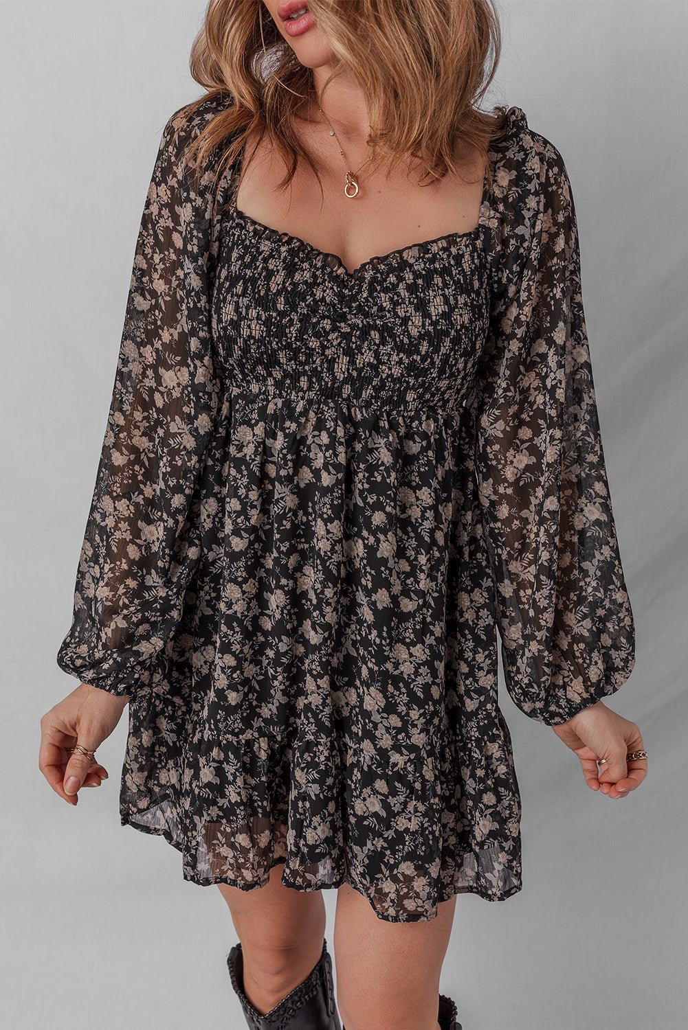 Black Floral Long Sleeve Frilly Shirred Square Neck Mini Dress - MAD RUFFI