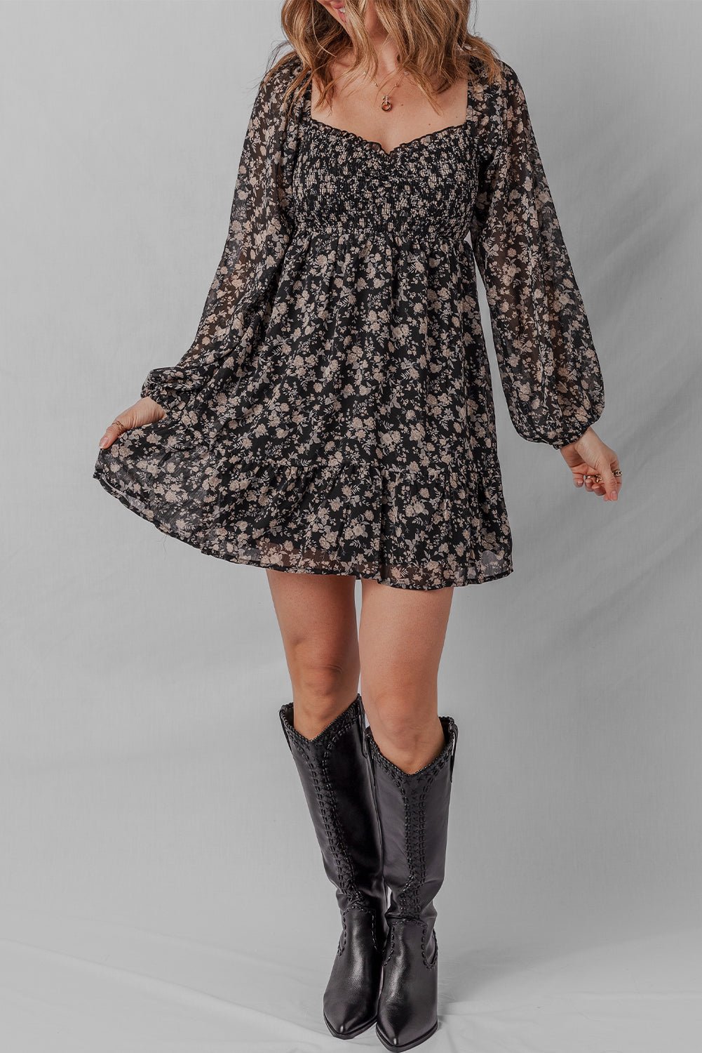 Black Floral Long Sleeve Frilly Shirred Square Neck Mini Dress - MAD RUFFI