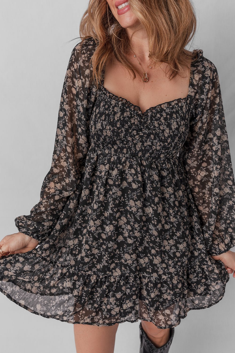 Black Floral Long Sleeve Frilly Shirred Square Neck Mini Dress - MAD RUFFI