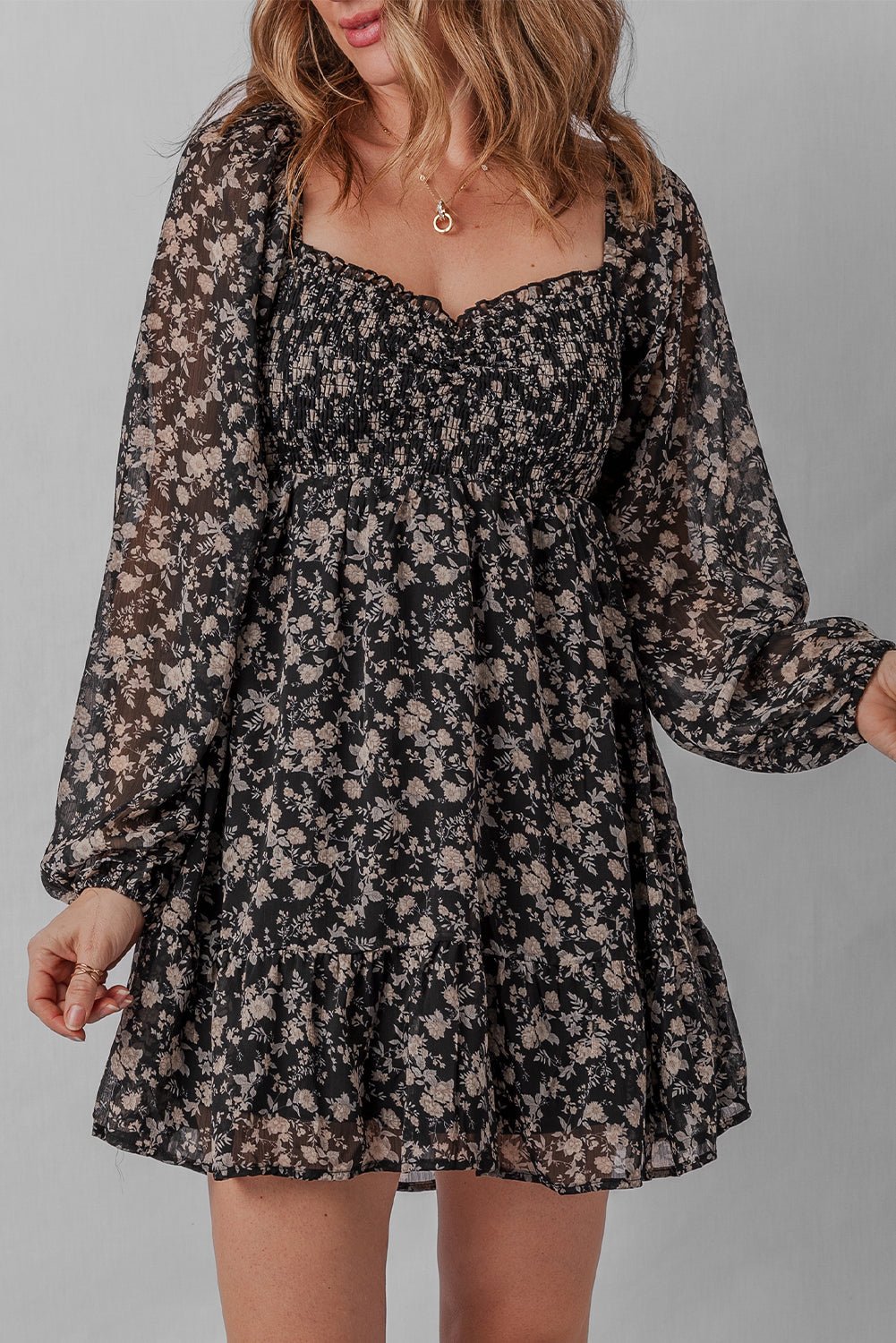 Black Floral Long Sleeve Frilly Shirred Square Neck Mini Dress - MAD RUFFI