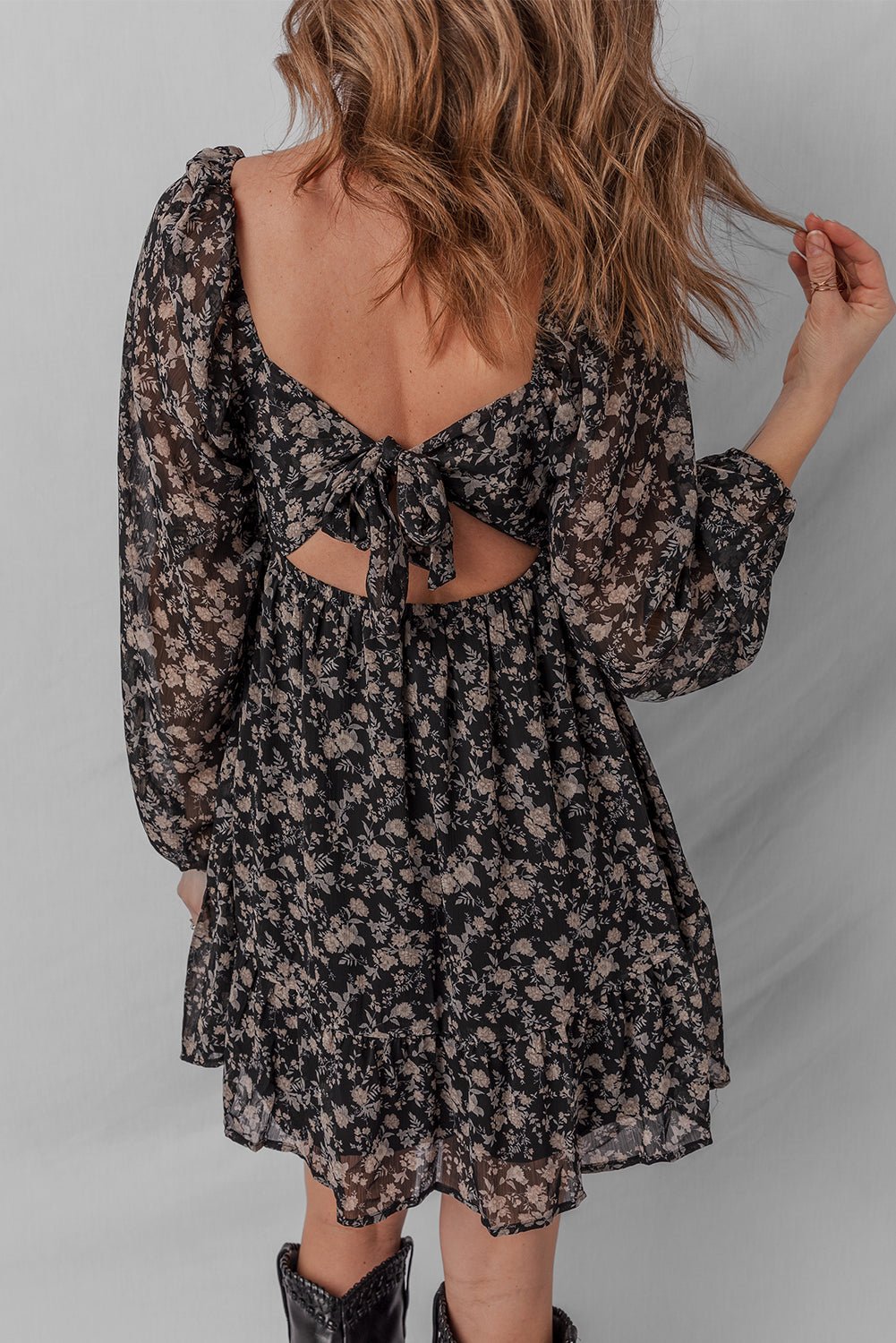 Black Floral Long Sleeve Frilly Shirred Square Neck Mini Dress - MAD RUFFI