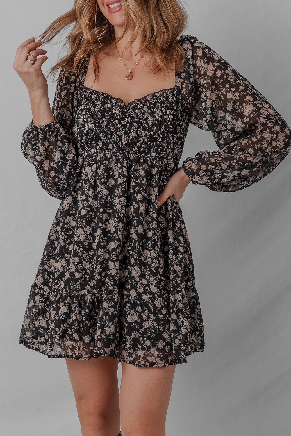 Black Floral Long Sleeve Frilly Shirred Square Neck Mini Dress - MAD RUFFI