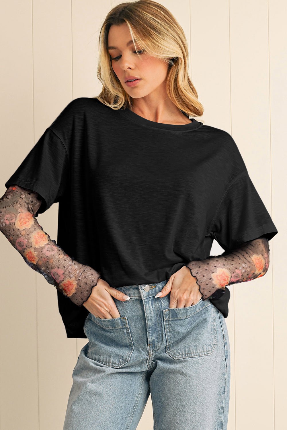 Black Floral Mesh Sleeve Fake Two - Piece Top - MAD RUFFI