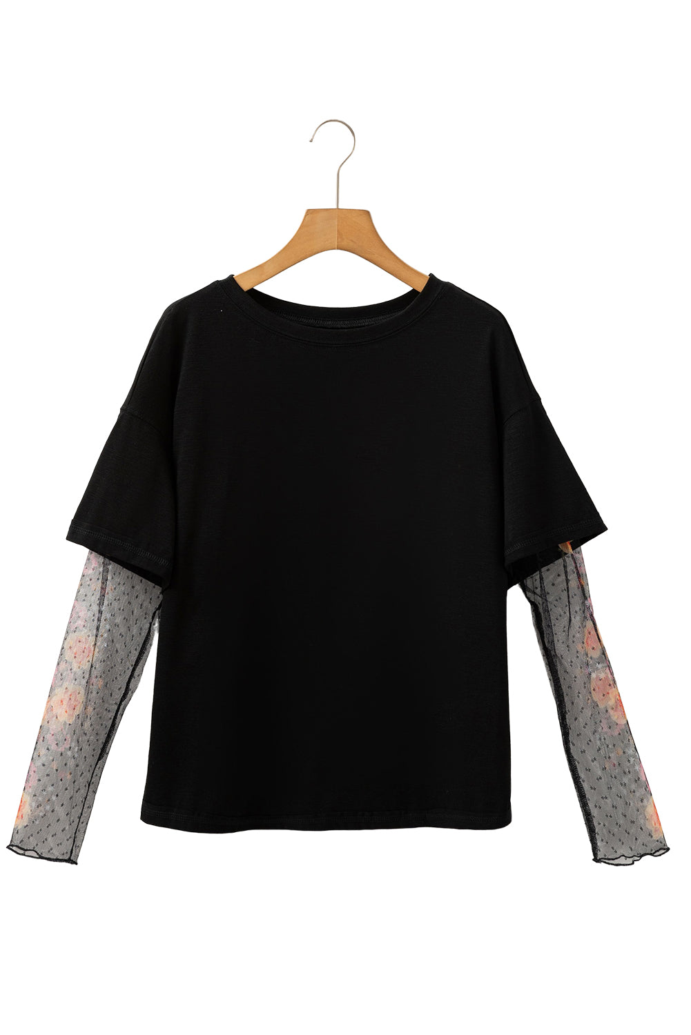 Black Floral Mesh Sleeve Fake Two-Piece Top - MAD RUFFI