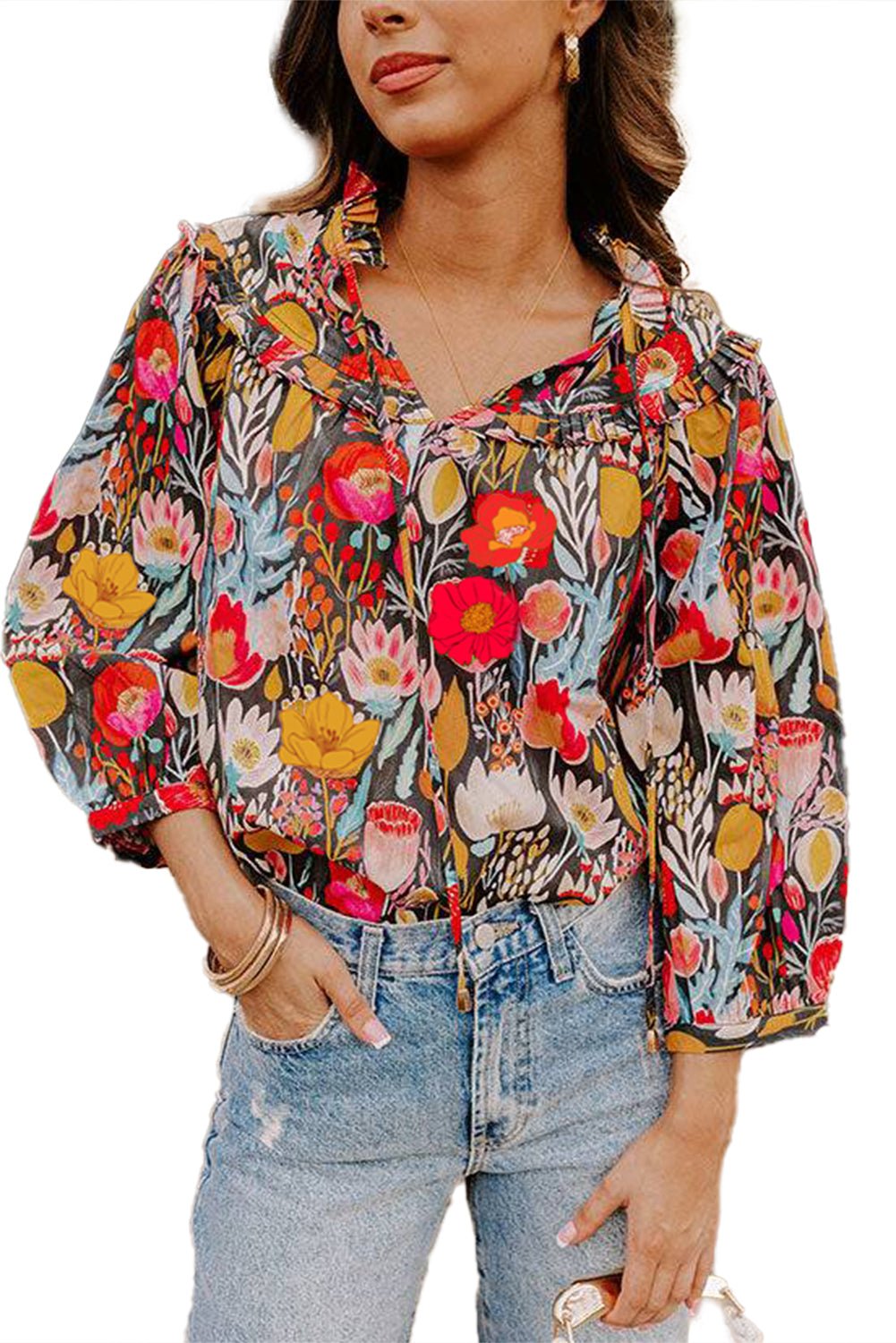 Black Floral Print 3/4 Puff Sleeve Frill Neck Blouse - MAD RUFFI