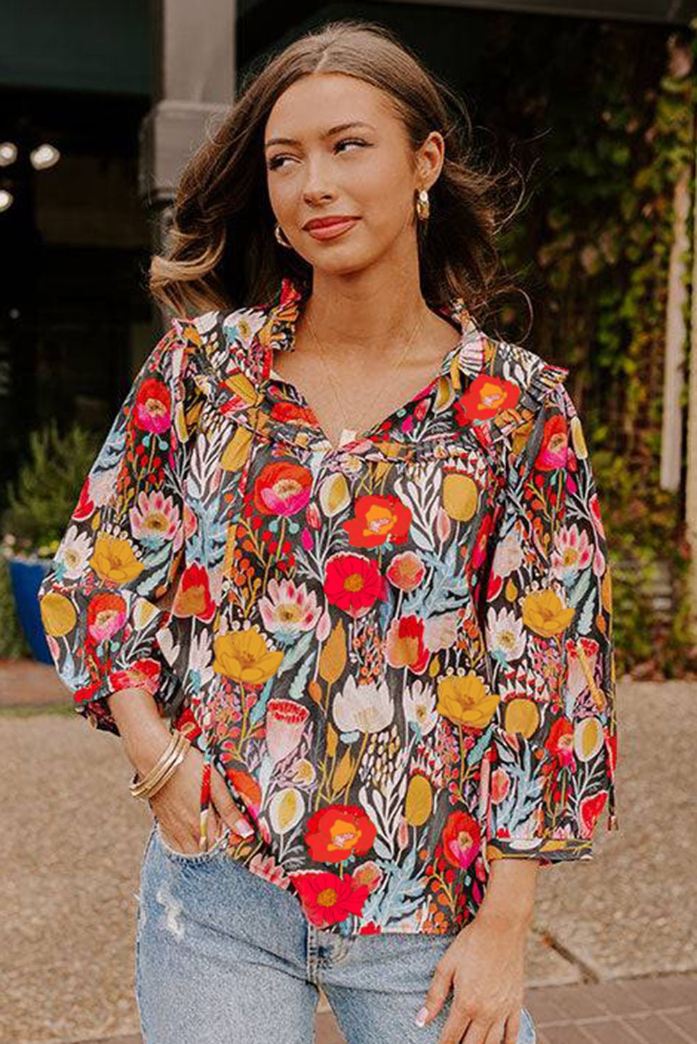 Black Floral Print 3/4 Puff Sleeve Frill Neck Blouse - MAD RUFFI