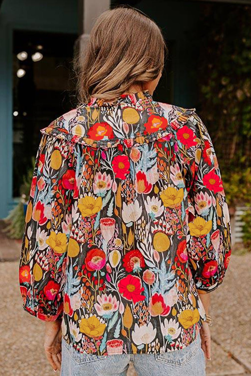 Black Floral Print 3/4 Puff Sleeve Frill Neck Blouse - MAD RUFFI