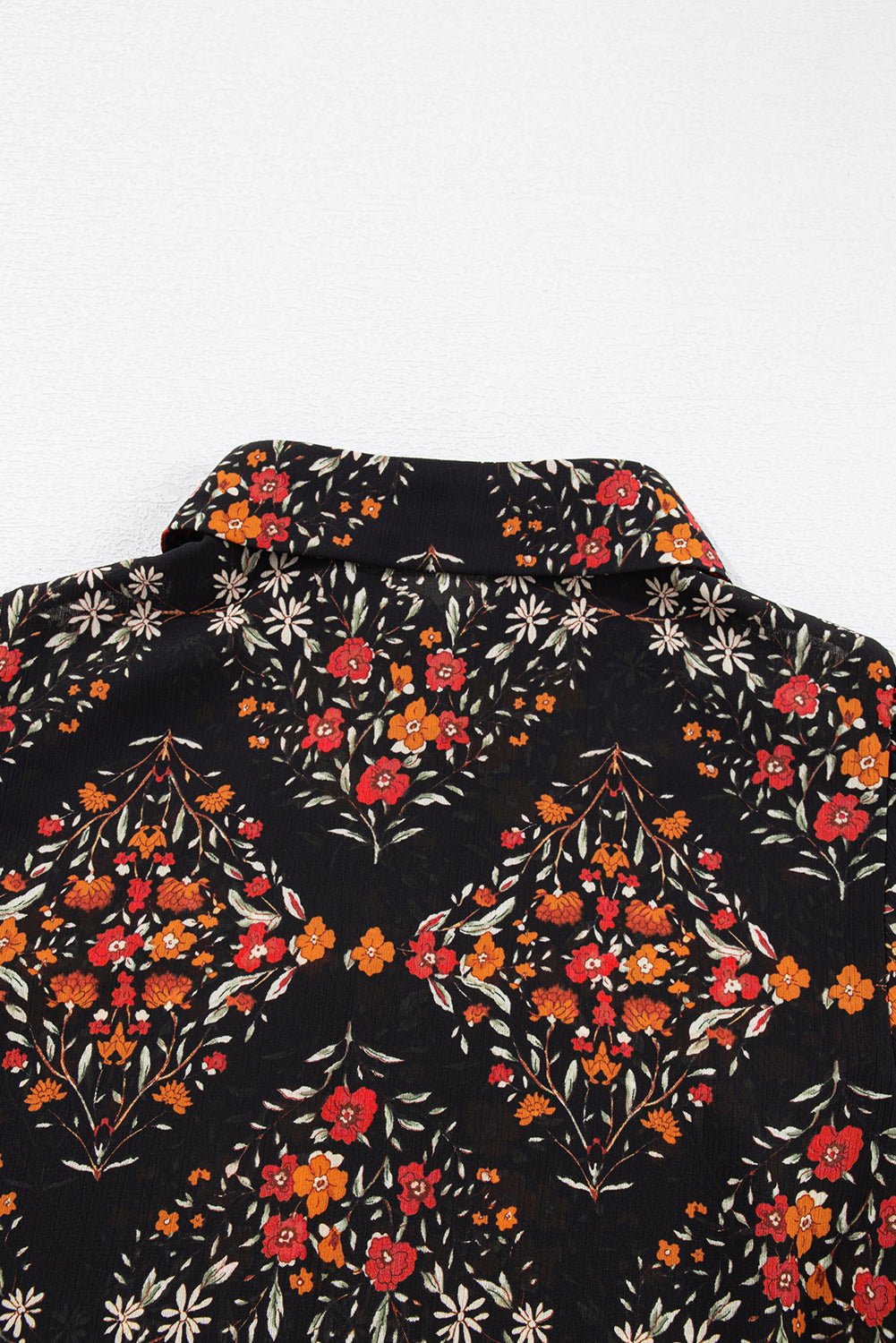Black Floral Print Collared Button Up Puff Sleeve Shirt - MAD RUFFI
