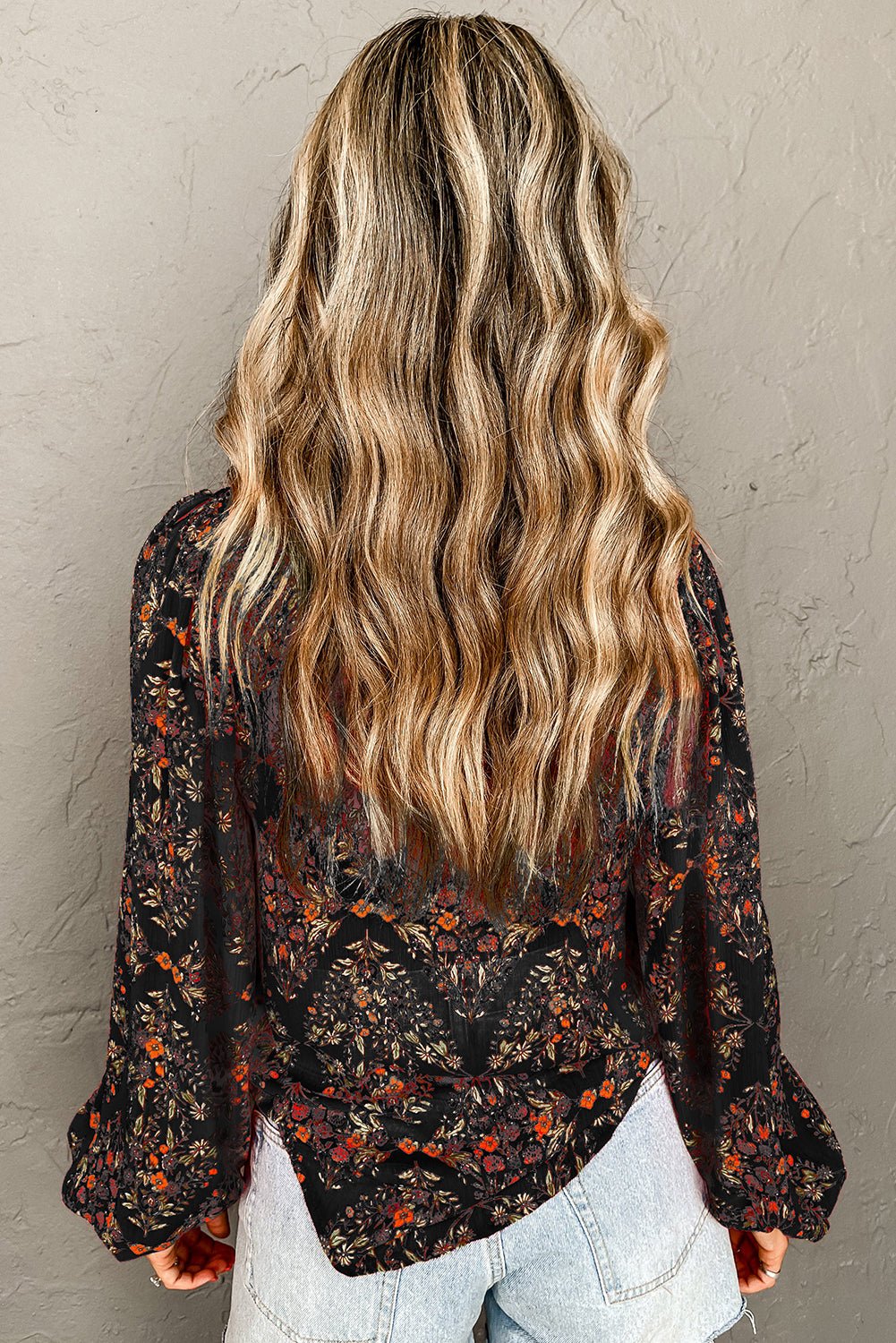 Black Floral Print Collared Button Up Puff Sleeve Shirt - MAD RUFFI