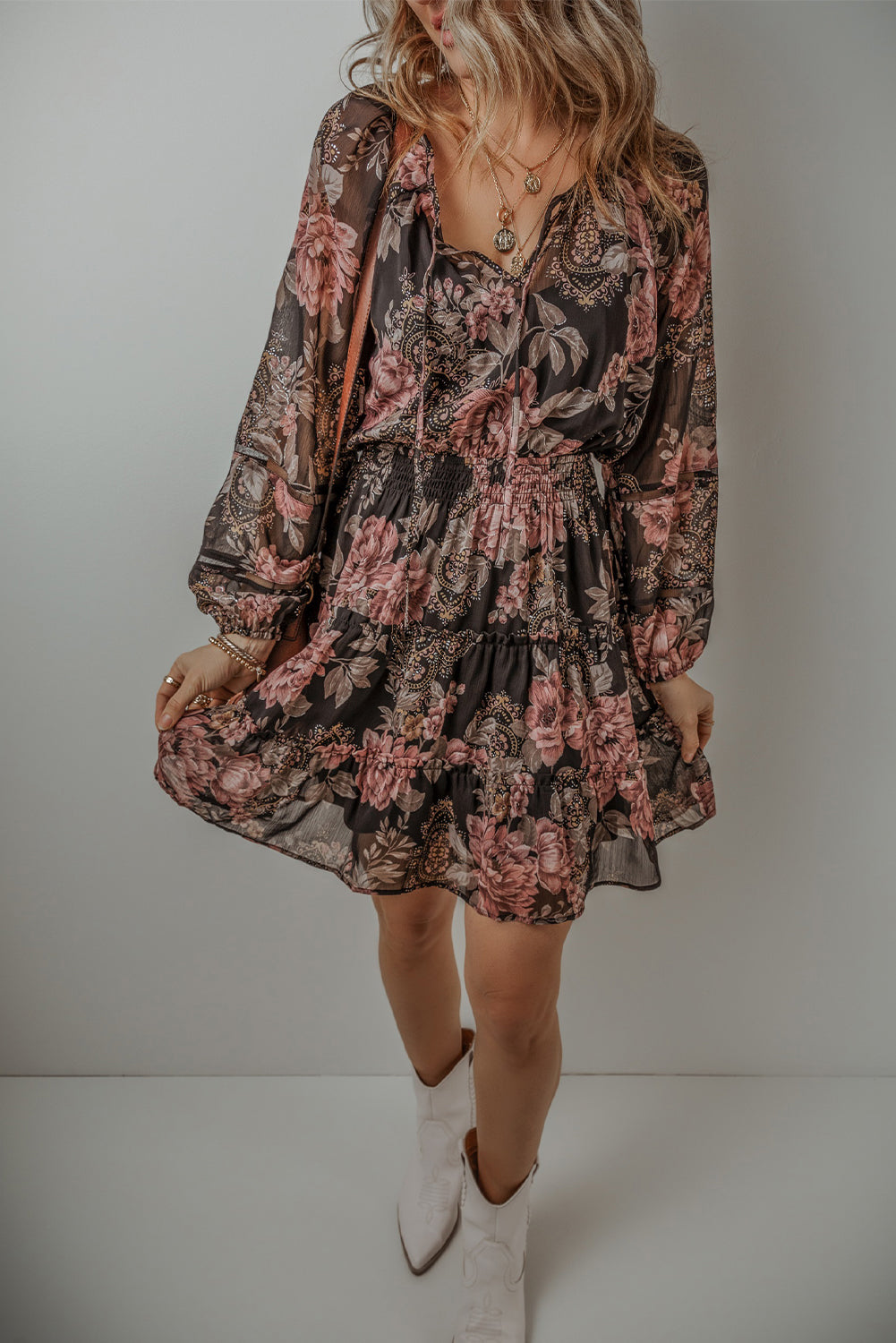 Black Floral Puff Sleeve V Neck Smocked Waist Mini Dress - MAD RUFFI