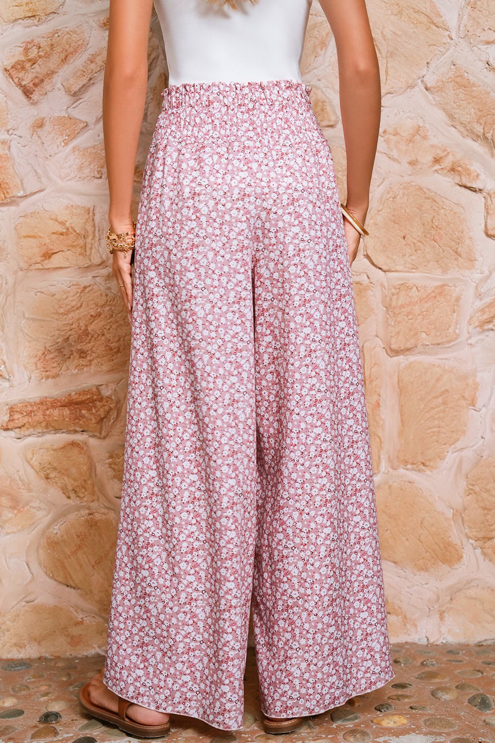 black floral shirred side slit wide leg pants - MAD RUFFI