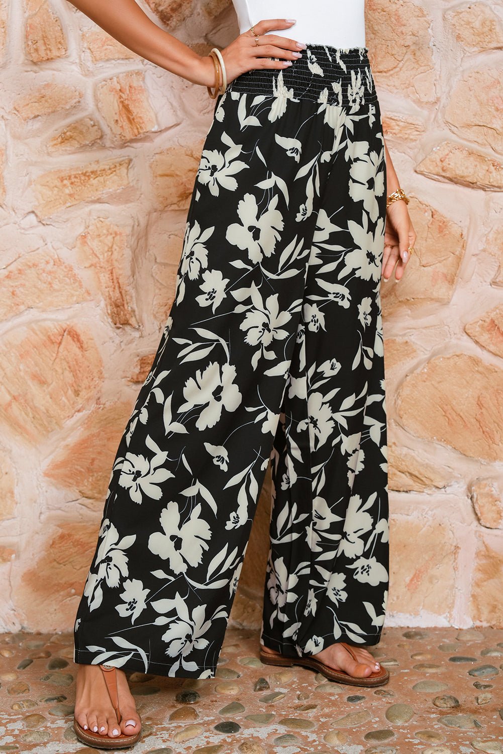 black floral smocked frill waist wide leg pants - MAD RUFFI
