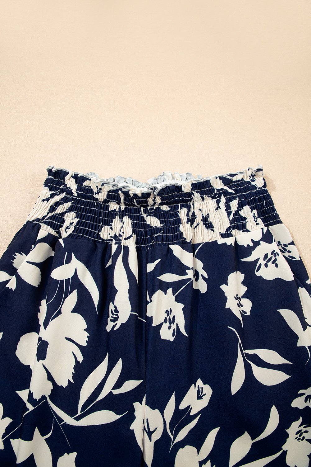 black floral smocked frill waist wide leg pants - MAD RUFFI