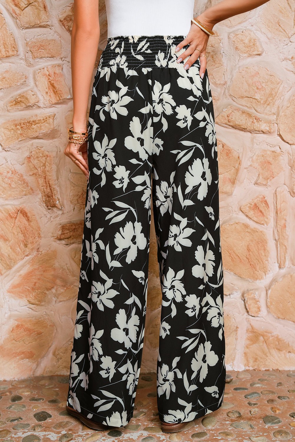 black floral smocked frill waist wide leg pants - MAD RUFFI