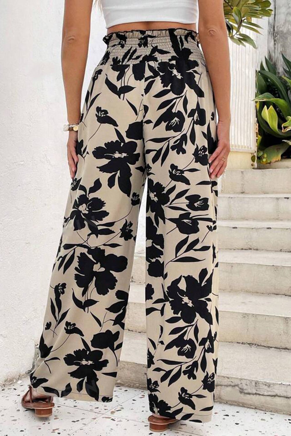 black floral smocked frill waist wide leg pants - MAD RUFFI