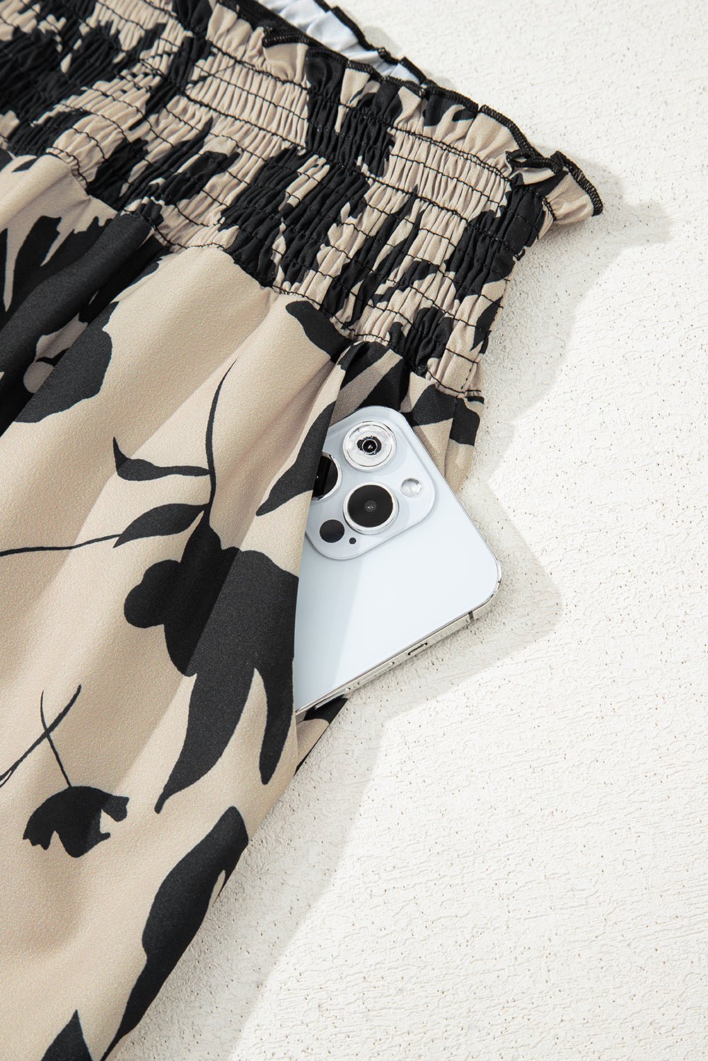 black floral smocked frill waist wide leg pants - MAD RUFFI