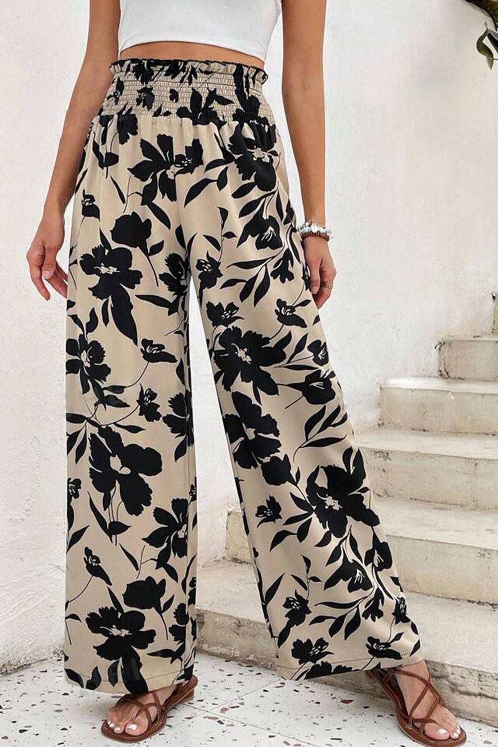 black floral smocked frill waist wide leg pants - MAD RUFFI