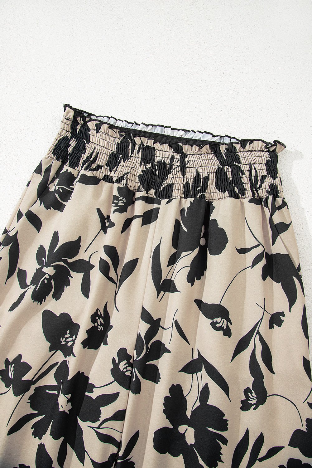 black floral smocked frill waist wide leg pants - MAD RUFFI