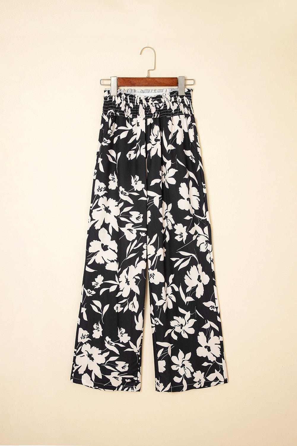 black floral smocked frill waist wide leg pants - MAD RUFFI