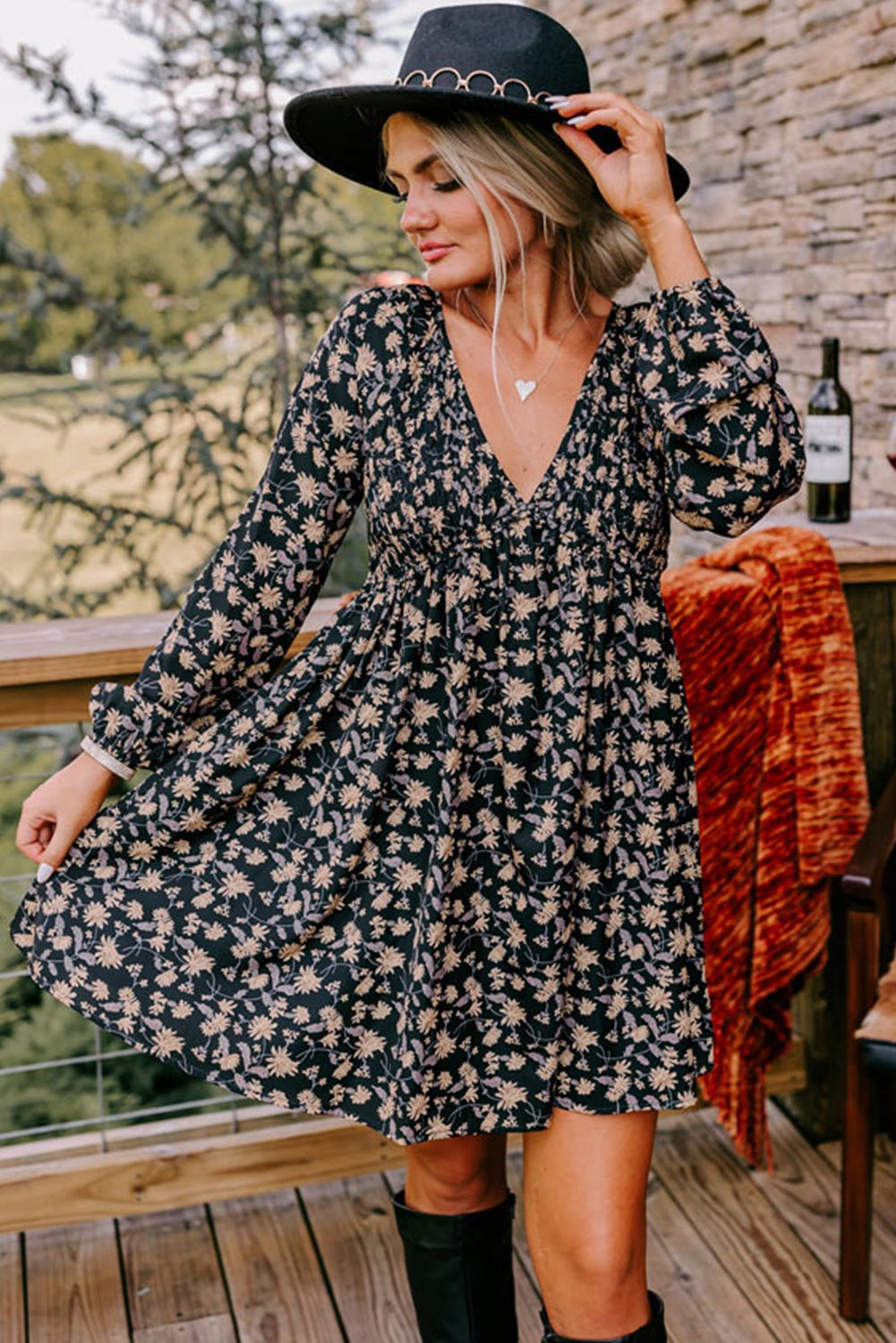 Black Floral Smocked V Neck Bubble Sleeve Babydoll Dress - MAD RUFFI