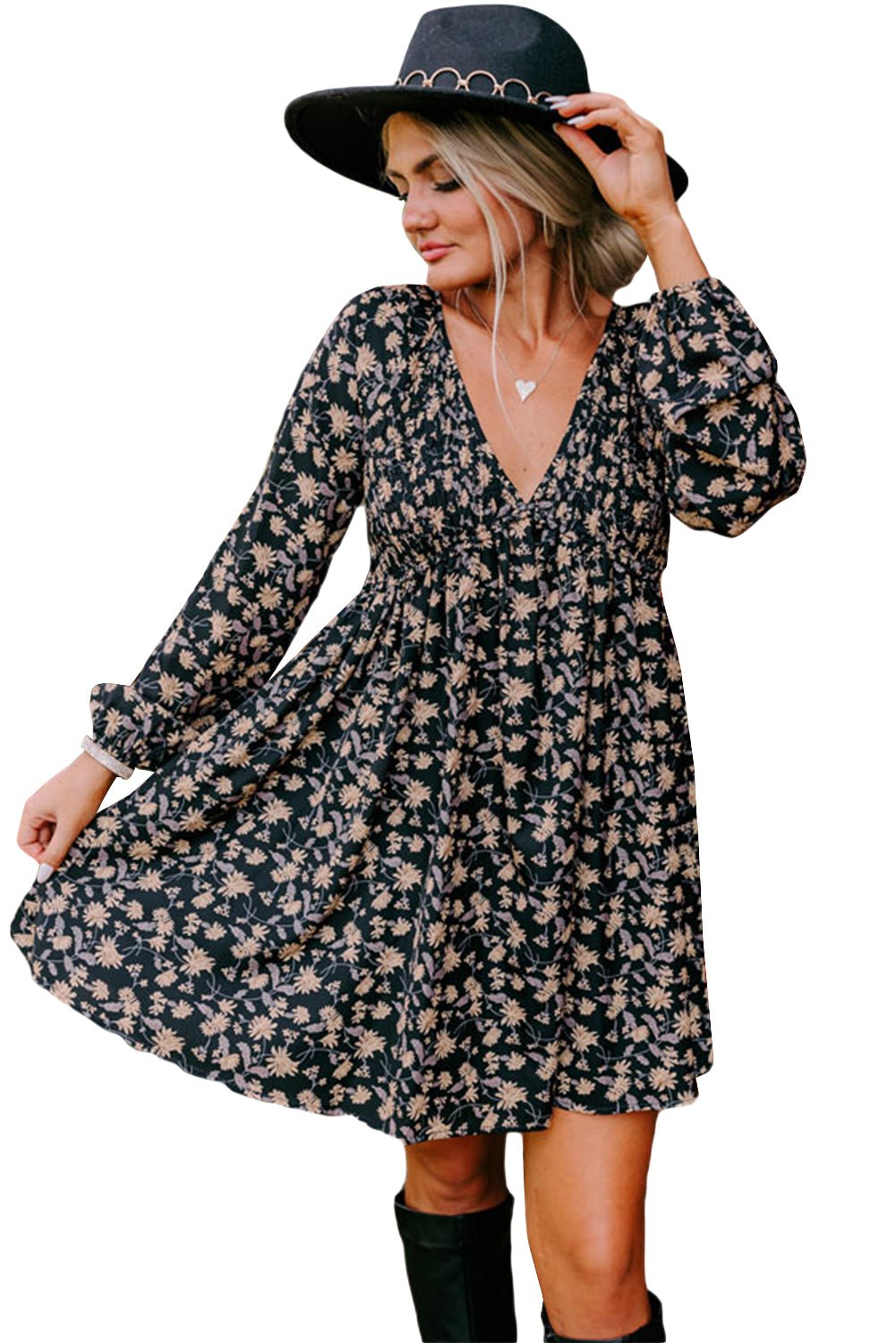 Black Floral Smocked V Neck Bubble Sleeve Babydoll Dress - MAD RUFFI